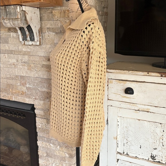 Andthewhy tan collared open knit long sleeve vneck sweater - Picture 6 of 16